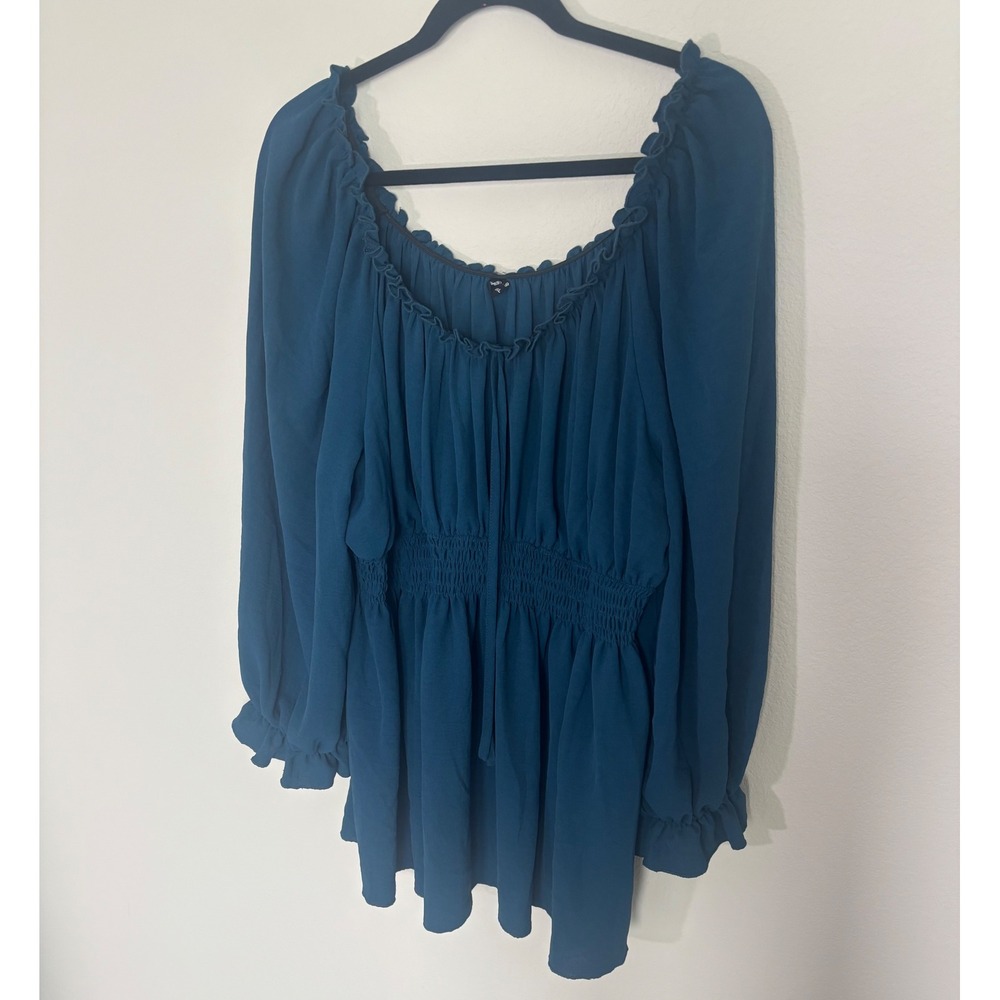 Shestarr Teal Blue Smocked Waist festival boho Long Sleeve Peplum Blouse 4XL